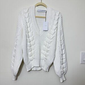 IRO Arwy Chunky Cable Knit Oversized Sweater Size XL White V-Neck 3D Knit New